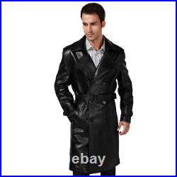 Men Lambskin Genuine 100% Leather Trench Coat Long Belted Button Stylish Jacket