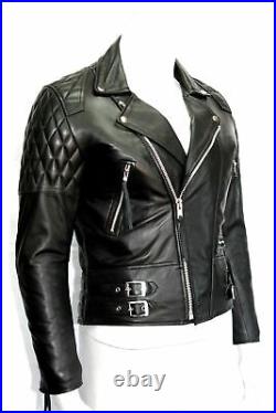 Men Lambskin Leather Jacket Motorcycle Biker Slim Fit Stylish Quilted Black Coat