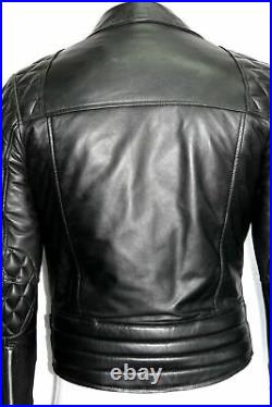 Men Lambskin Leather Jacket Motorcycle Biker Slim Fit Stylish Quilted Black Coat