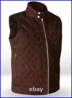 Men Lambskin Leather Quilted Waistcoat Western Coat Classic Brown zip closure Men Lambskin Leather Quilted Waistcoat Western Coat Classic Brown zip closure