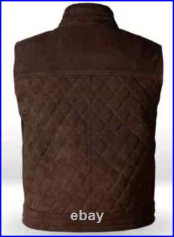 Men Lambskin Leather Quilted Waistcoat Western Coat Classic Brown zip closure Men Lambskin Leather Quilted Waistcoat Western Coat Classic Brown zip closure
