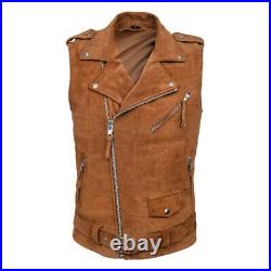 Men Lambskin Leather Waistcoat Western Vest Coat Classic Zipper Brown Jacket