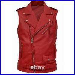 Men Lambskin Leather Waistcoat Western Vest Coat Classic Zipper RED Jacket