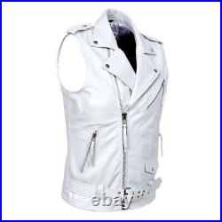 Men Lambskin Leather Waistcoat Western Vest Coat Classic Zipper White Jacket