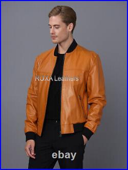 Men Motorcycle Rider Genuine Sheepskin 100% Leather Jacket Bomber Soft Coat