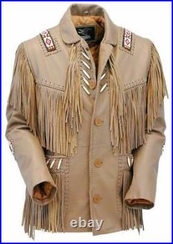 Men Native American Cowboy Western Leather Jacket Coat Fringes & Bone Beads