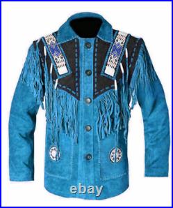 Men Native American Western Cowboy Leather Jacket Suede Coat Fringe & Bead Work