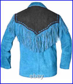 Men Native American Western Cowboy Leather Jacket Suede Coat Fringe & Bead Work