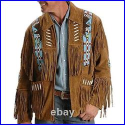 Men Native American Western Cowboy Leather Jacket Suede Coat Fringe Eagle Beads