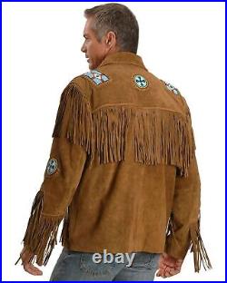 Men Native American Western Cowboy Leather Jacket Suede Coat Fringe Eagle Beads