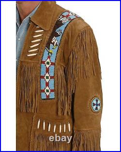 Men Native American Western Cowboy Leather Jacket Suede Coat Fringe Eagle Beads