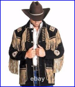 Men Native American Western Cowboy Leather Jacket Suede Fringe & Beads Buttons