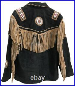 Men Native American Western Cowboy Leather Jacket Suede Fringe & Beads Buttons