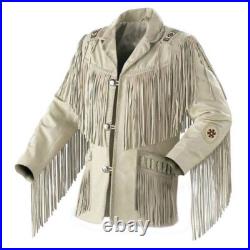 Men Native American Western Cowboy Leather Jacket Suede Leather Fringe & Beaded