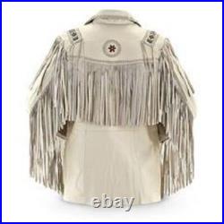 Men Native American Western Cowboy Leather Jacket Suede Leather Fringe & Beaded