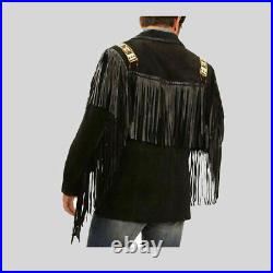Men Native American Western Cowboy Suede Leather Jacket Fringe & Beaded Coat