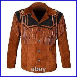 Men Native American Western Cowboy Trucker Leather Jacket Fringe Bead Work