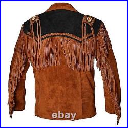 Men Native American Western Cowboy Trucker Leather Jacket Fringe Bead Work