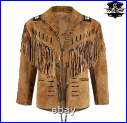 Men Native American Western Jacket Cowboy suede leather jacket fringe and beaded