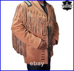 Men Native American Western Jacket Cowboy suede leather jacket fringe and beaded