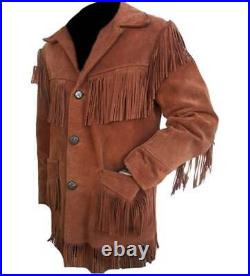Men Native Red Indian Southwestern American Cowboy Real Suede Leather Coat