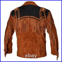 Men Native Western Cowboy Suede Leather Jacket Fringe & Beaded Coat 10 Colors