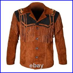 Men Native Western Cowboy Suede Leather Jacket Fringe & Beaded Coat 10 Colors