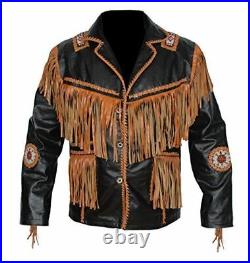 Men New Old Western Cowboy Black Leather Cognac Fringe Beaded Jacket WBJ601