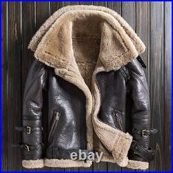 Men RAF Aviator Real Leather Double Collar Jacket Coat Bomber B3 SheepSkin N43