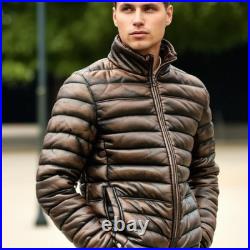 Men Real Leather Puffer Jacket Soft Lambskin Brown Quilted Padded Winter Jacket