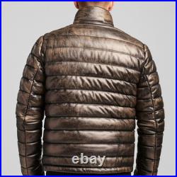 Men Real Leather Puffer Jacket Soft Lambskin Brown Quilted Padded Winter Jacket