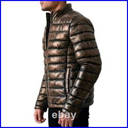 Men Real Leather Puffer Jacket Soft Lambskin Brown Quilted Padded Winter Jacket