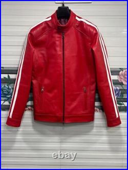 Men Red Bomber Pure Lambskin Leather Red With White Stripp Varsity Style Coat