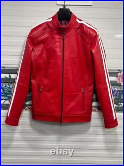 Men Red Bomber Pure Lambskin Leather Red With White Stripp Varsity Style Coat