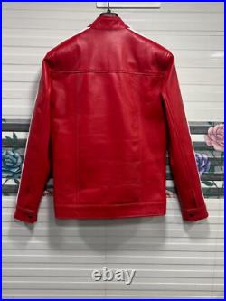 Men Red Bomber Pure Lambskin Leather Red With White Stripp Varsity Style Coat
