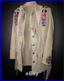 Men Scully Beige Color Finished Cow Leather Jacket Western wear Beads & Fringe