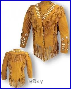 Men Scully TanBrown Suede Leather Jacket Western wear Beads Fringe Work by Hand