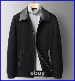 Men Short Jacket Wool Zipper Coat Long Sleeve Business Real Leather Lapel Collar