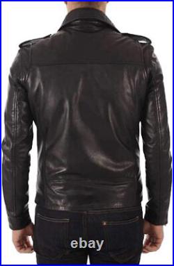 Men Shoulder Strap Genuine Sheepskin 100% Leather Jacket Motorcycle Western Coat