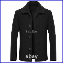 Men Single Breasted Jacket Short Woolen Fleece Reversible Coat Faux Suede Button