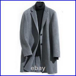 Men Single Breasted Striped Wool Jacket Outwear Overcoat Lapel Trench Coat New L