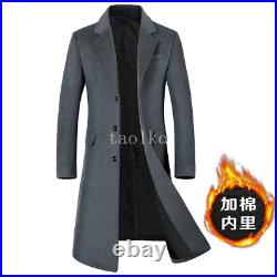 Men Single Breasted Wool Blend Over Knee Length Long Trench Coat Overcoat Button