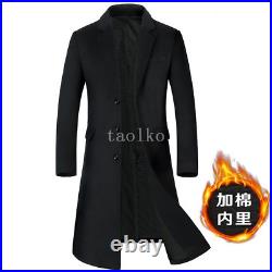 Men Single Breasted Wool Blend Over Knee Length Long Trench Coat Overcoat Button