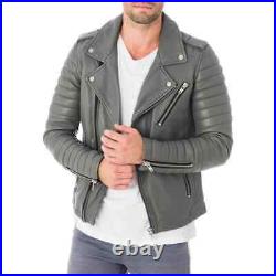 Men Slim Fit Biker Motorcycle Lambskin Leather Grey Jacket Coat Outwear Jackets
