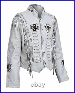 Men Suede Leather Western Cowboy Jacket with Fringe & Beads NATIVE AMERICAN COAT