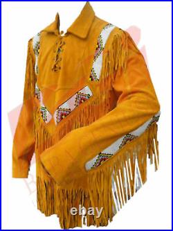 Men Suede Leather Western Cowboy Jacket with Fringe & Beads NATIVE AMERICAN COAT
