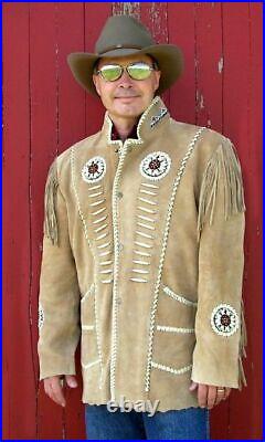 Men Suede Leather Western Jacket With Fringe & Badges Bone Native American Coat