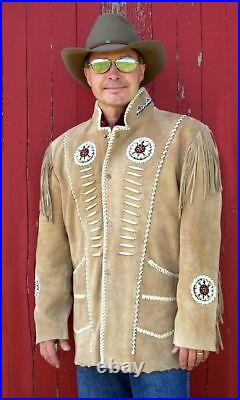 Men Suede Leather Western Jacket With Fringe & Badges NATIVE AMERICAN COAT