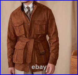 Men Suede Trucker Jacket Real Suede Leather Western Shirt Tan Coat Outwear