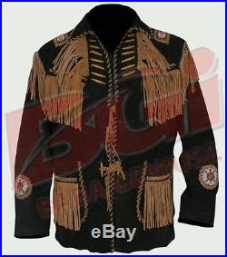 Men Suede Western Cowboy Leather Jacket, Bone and Beads Black with Brown Fringe